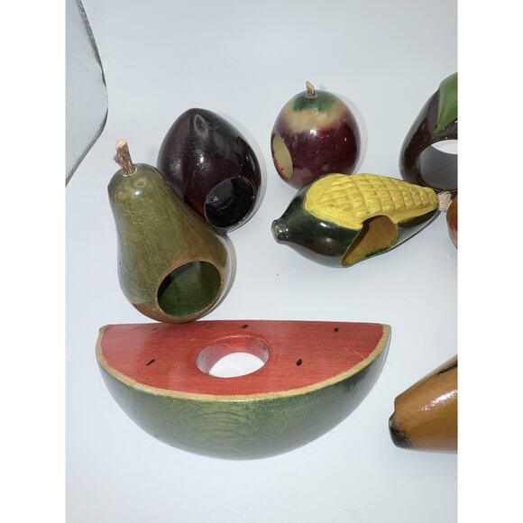 Vintage Wooden Fruit Napkin Rings Set 10 Watermelon Hand Painted 1970’s - Picture 2 of 5